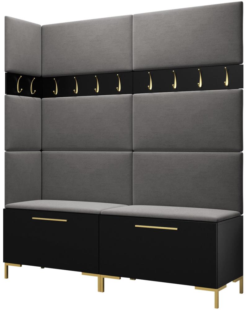 Garderoben-Set Zinetto V mit 8 Stück Gepolstertes Wandpaneel Pag 84x42 und 3 Stück 42x42 (Schwarz + Gold, Manila 16) Bild 1