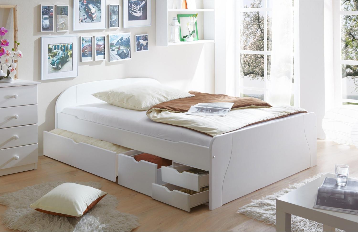 Doppelbett mit Schubkästen "Erna" 140x200 Kiefer massiv - weiß Bild 1