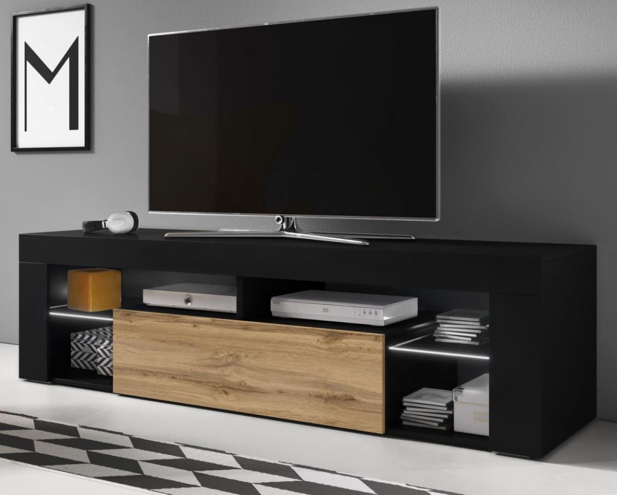 TV-Lowboard Mount in schwarz und Wotan Eiche mit LED Beleuchtung 140 cm Bild 1