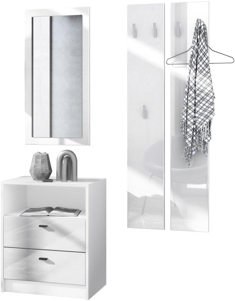 Vladon Garderobe Pino V1, Garderobenset bestehend aus 1 Kommode, 1 Wandspiegel und 2 Garderobenpaneele, Weiß matt/Weiß Hochglanz (ca. 130 x 185 x 36 cm) Bild 1