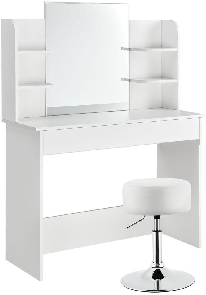 Schminktisch Bella – Kosmetiktisch 108 x 40 x 139,5 cm in Weiß – Frisiertisch aus Holz mit Spiegel, Schublade, 4 Ablagefächer & Hocker rund Bild 1
