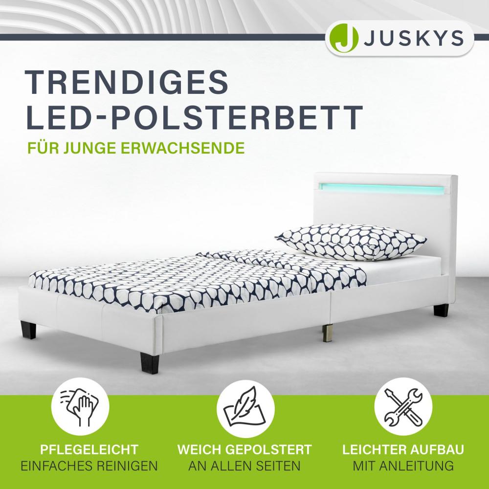 Juskys Polsterbett Verona 90x200 cm weiß mit Matratze – Einzelbett + LED-Beleuchtung, Lattenrost & Kopfteil – Bett aus Holz & Kunstleder-Bezug Bild 1