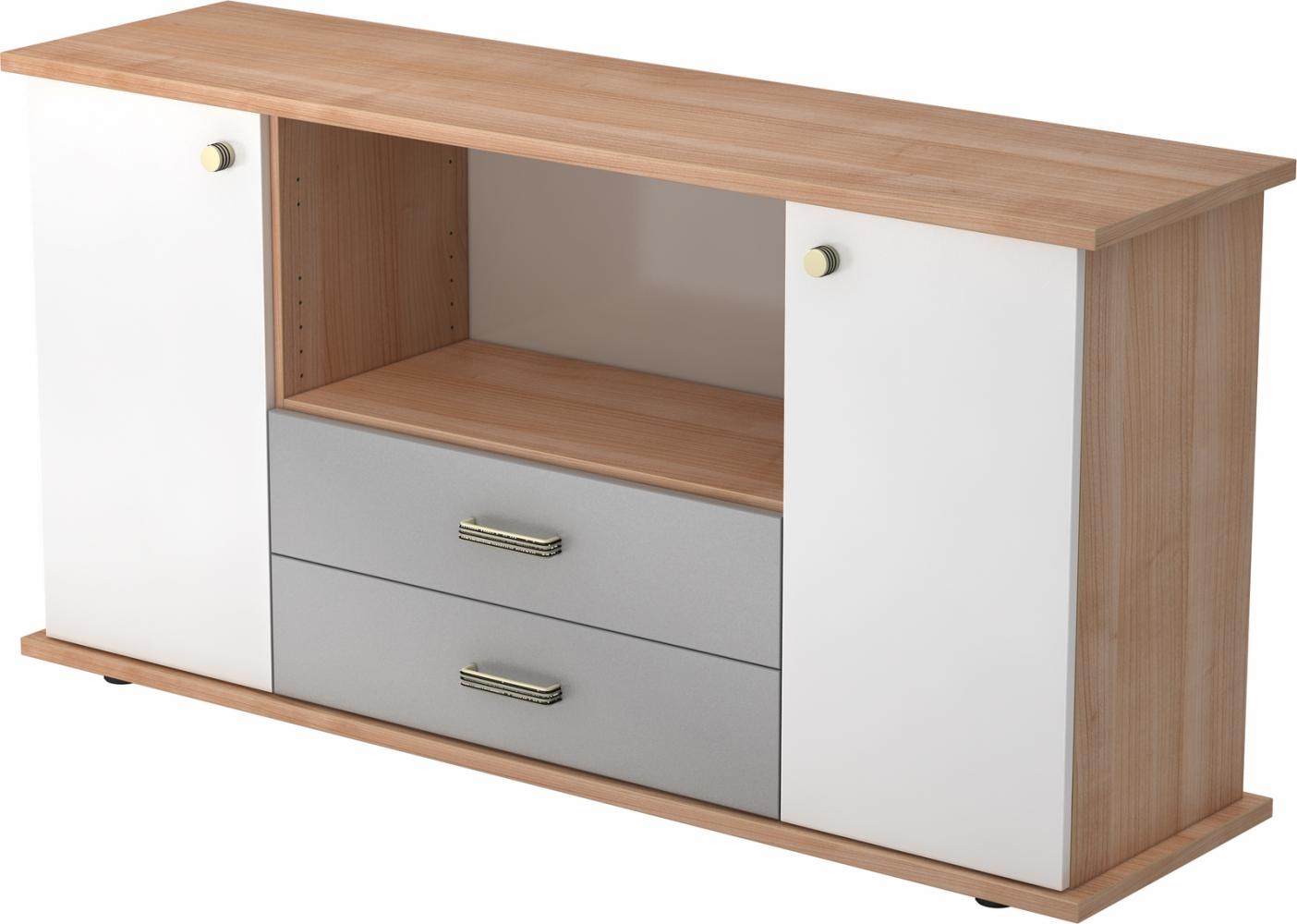 bümö® Sideboard mit Türen, Schubladen und Streifengriffen in Nussbaum/Weiß Bild 1