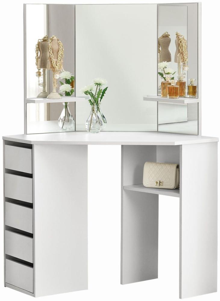 Juskys Eck-Schminktisch Nova – Kosmetiktisch 100 x 54 x 140 cm in Weiß – Frisiertisch aus MDF-Holz mit Spiegel, 5 Schubladen & 3 Ablagefächern Bild 1
