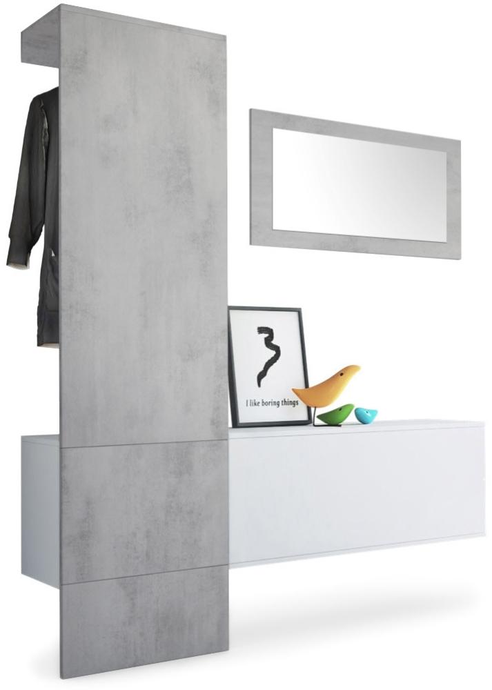 Vladon Garderobe Carlton Set 4, Garderobenset bestehend aus 1 Garderobenpaneel, 1 Schrankmodul und 1 Wandspiegel, Weiß matt/Beton Oxid-Optik (156 x 193 x 35 cm) Bild 1