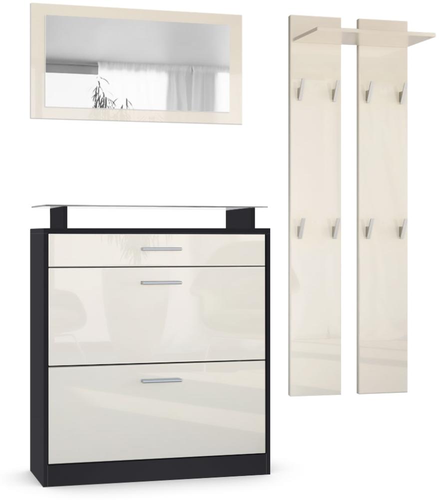 Vladon Garderobe Loret mini, Garderobenset bestehend aus 1 Schuhschrank, 1 Wandspiegel und 2 Garderobenpaneele, Schwarz matt/Creme Hochglanz Bild 1