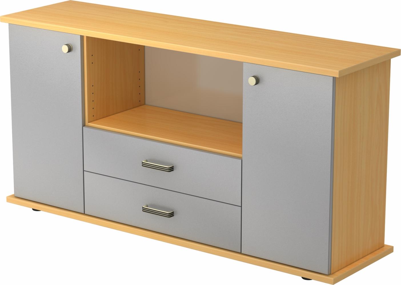 bümö® Sideboard mit Türen, Schubladen und Streifengriffen in Buche/Silber Bild 1