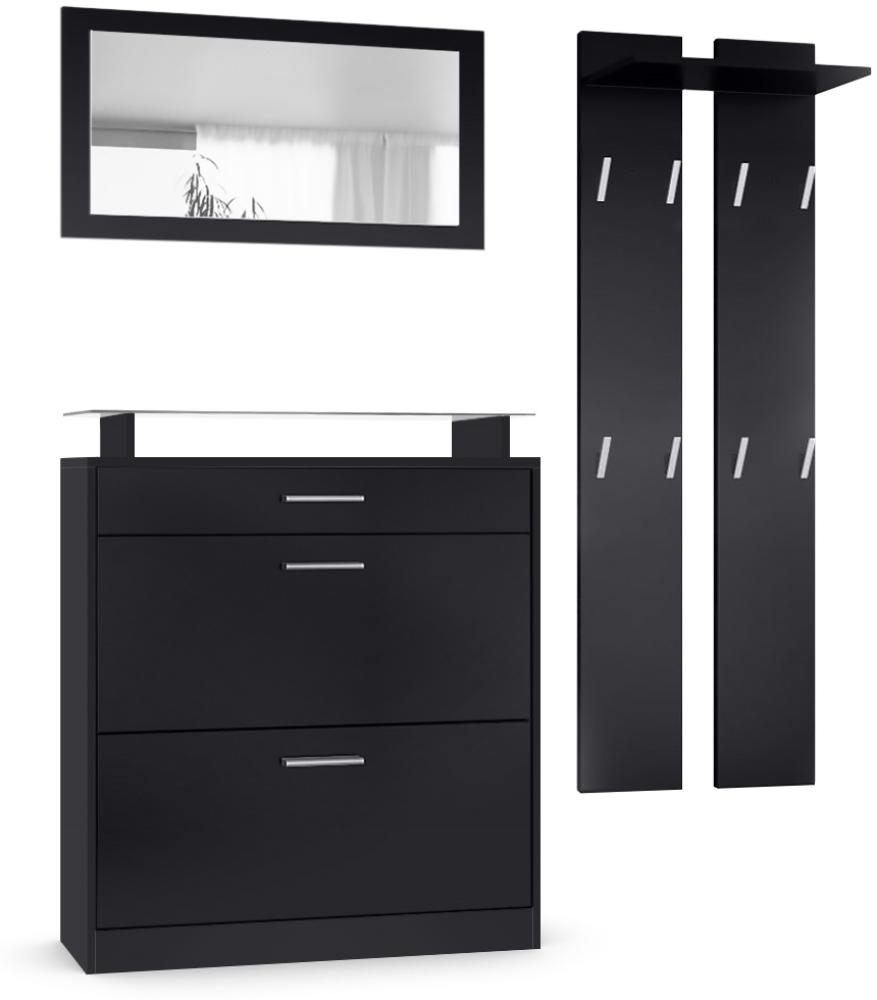 Vladon Garderobe Loret mini, Garderobenset bestehend aus 1 Schuhschrank, 1 Wandspiegel und 2 Garderobenpaneele, Schwarz matt/Schwarz matt Bild 1