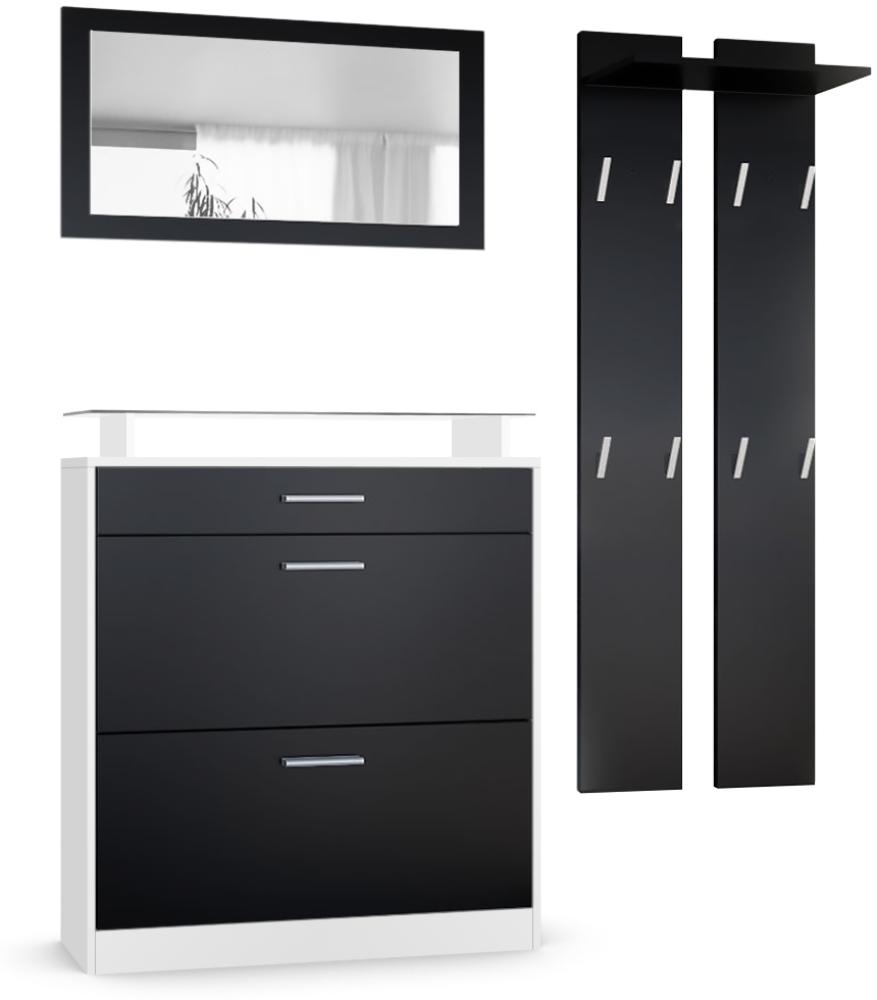 Vladon Garderobe Loret mini, Garderobenset bestehend aus 1 Schuhschrank, 1 Wandspiegel und 2 Garderobenpaneele, Weiß matt/Schwarz matt Bild 1