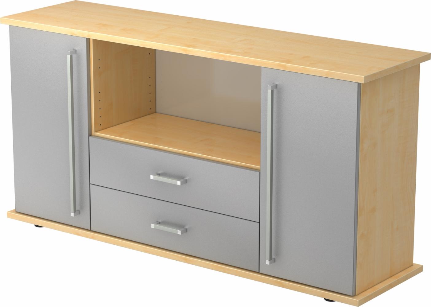 bümö® Sideboard mit Türen, Schubladen und Chromgriffen in Ahorn/Silber Bild 1