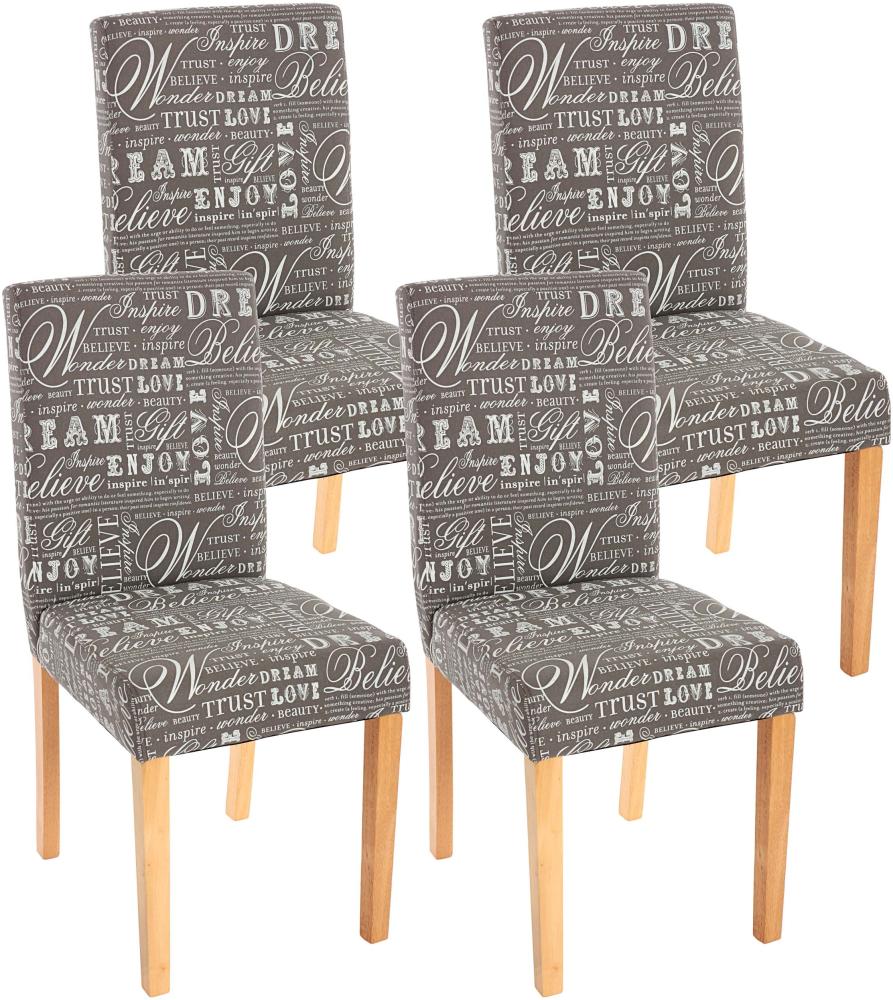 4er-Set Esszimmerstuhl Stuhl Küchenstuhl Littau ~ Textil mit Schriftzug, grau, helle Beine Bild 1