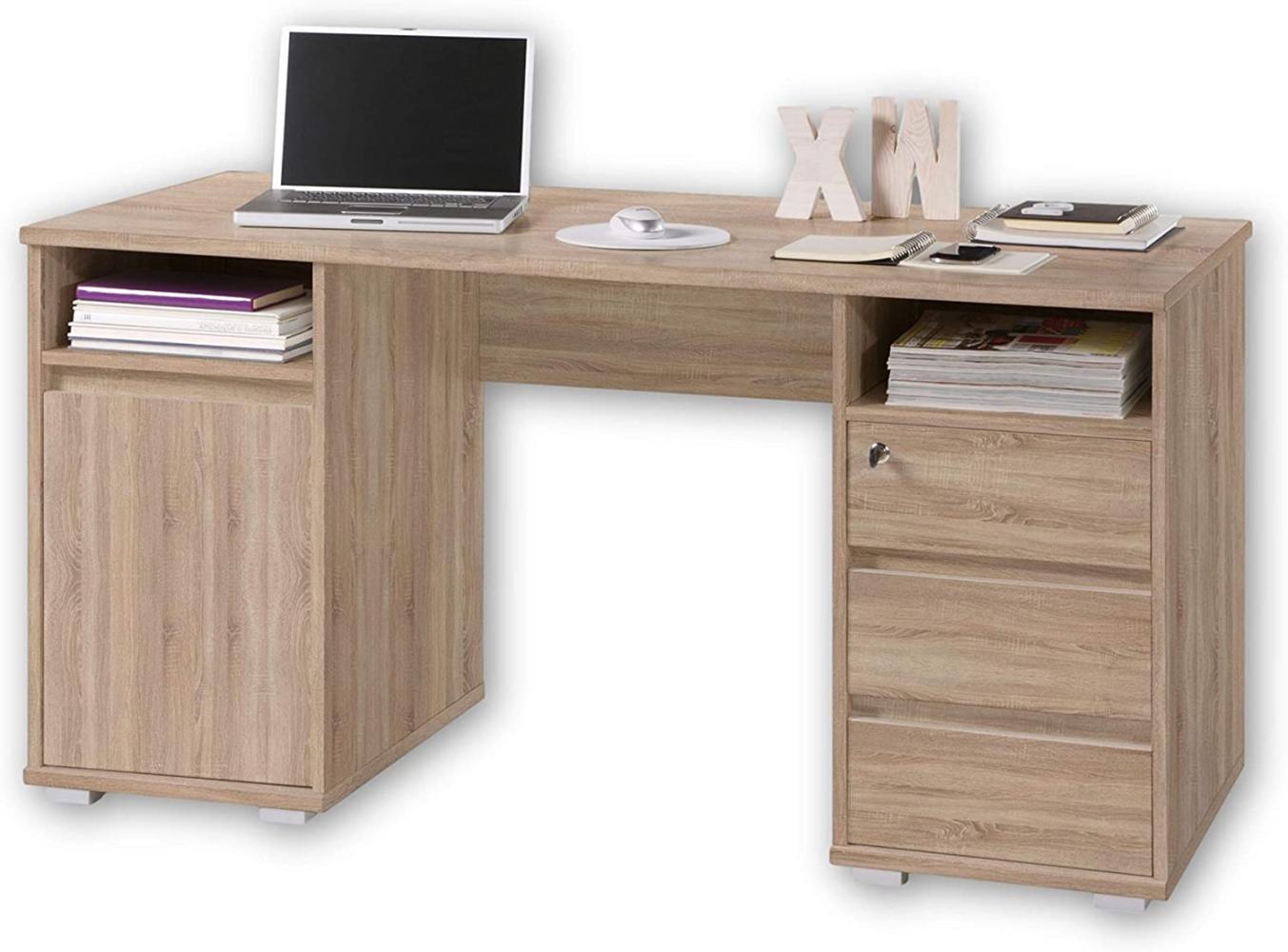 PRIMUS 2 Schreibtisch mit Schubladen, Sonoma Eiche Optik - Bürotisch Computertisch fürs Homeoffice mit Stauraum und offenen Ablagefächern - 145 x 74 x 65 cm (B/H/T) Bild 1