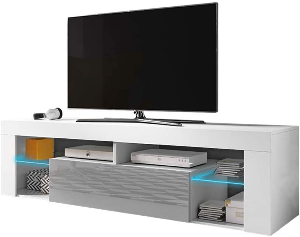 Selsey Bianko – TV Lowboard/TV Schrank, Weiß Matt/Grau Hochglanz, mit LED-Beleuchtung, 140 x 35 x 50,6 cm Bild 1