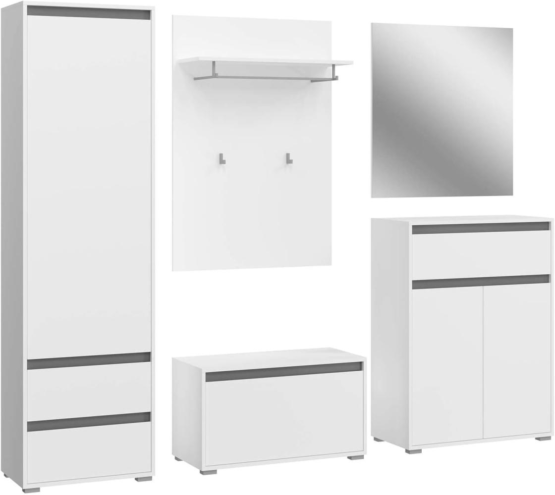 mokebo® Garderoben Set 5-teilig mit Spiegel und Sitzbank 'Die Verstauer', großes Komplettset in weiß für den Flur, Garderoben Set, Garderobenmöbel Bild 1