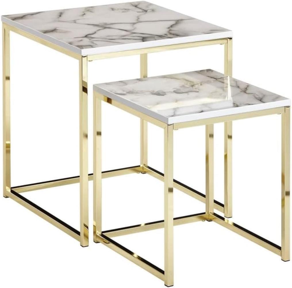 Wohnling Design Satztisch, Beistelltisch 2er Set Marmor Optik, weiß/gold, quadratisch Bild 1