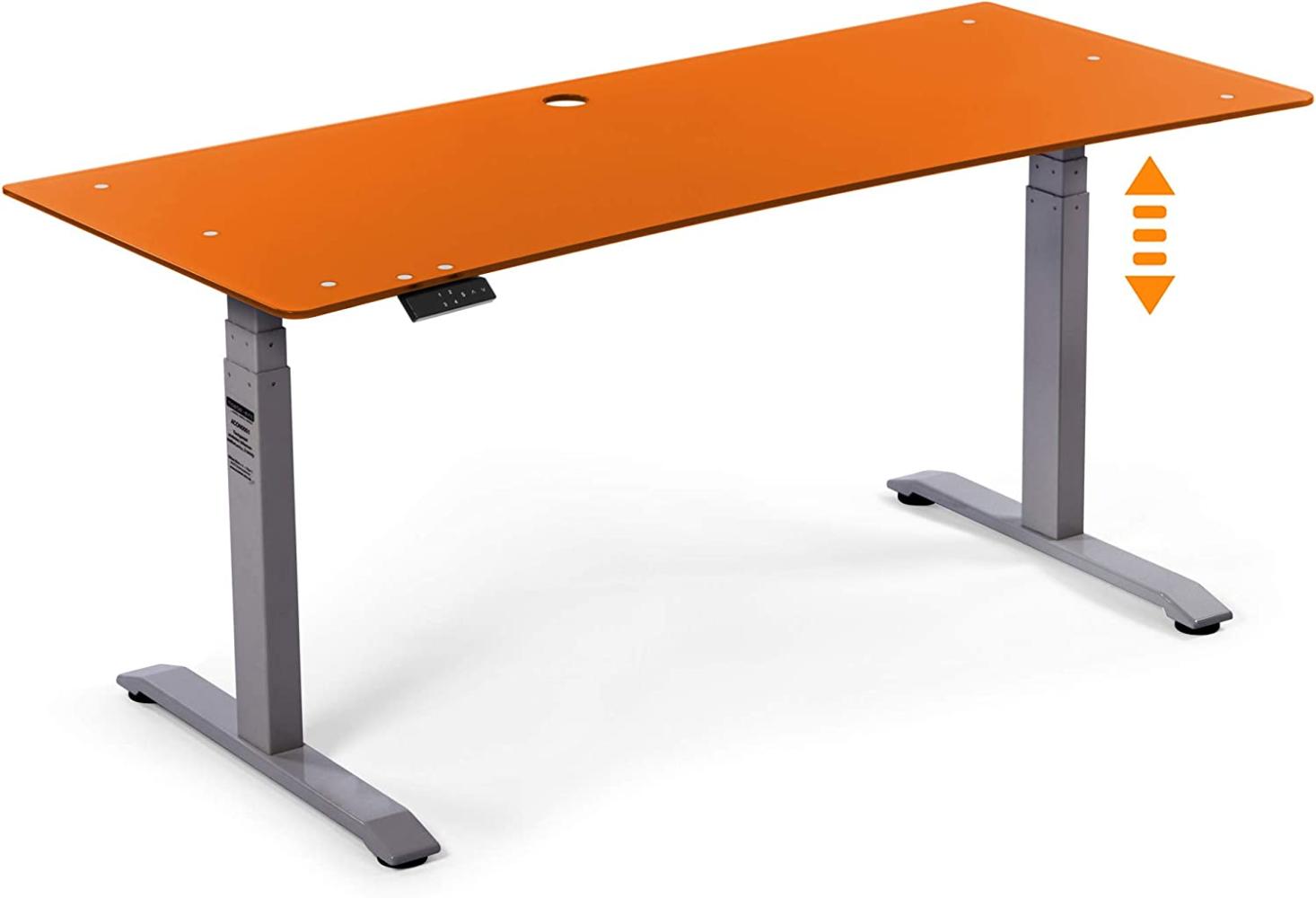 Möbel-Eins OFFICE ONE elektrisch verstellbarer Schreibtisch / Stehtisch, Material Glasplatte 10 mm grau 180x70 cm orange Bild 1
