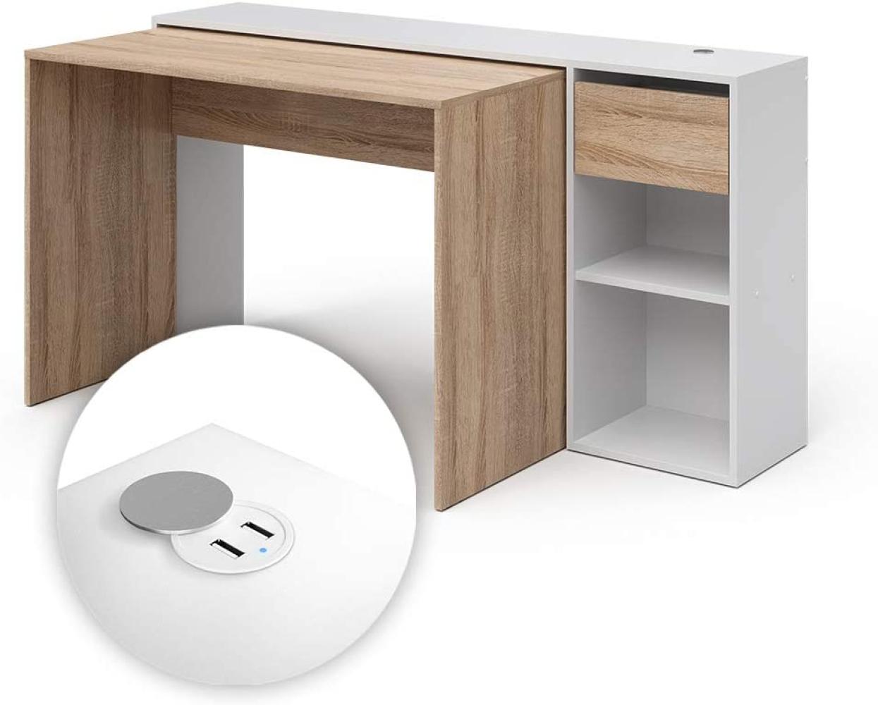 Vicco Schreibtisch 'Ben' Weiß/Sonoma ausziehbar, USB-Ladestation Bild 1