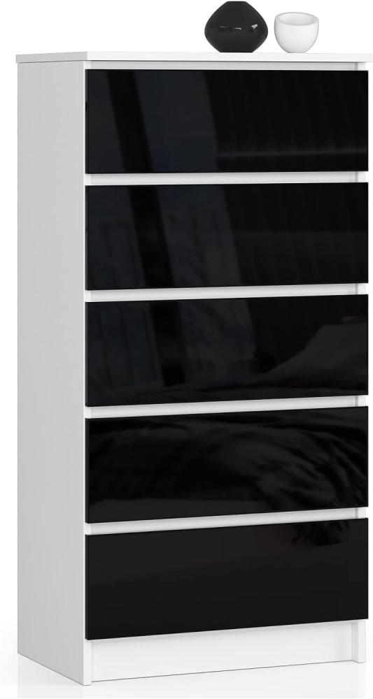 AKORD Kommode K60 mit 5 Schubladen | für das Wohnzimmer Schlafzimmer Schrank Büro Arbeitszimmer | Modernes Funktionales Design | B60 x H121 x T40 cm, Gewicht 39kg | Weiß/Schwarz Glänzend Bild 1