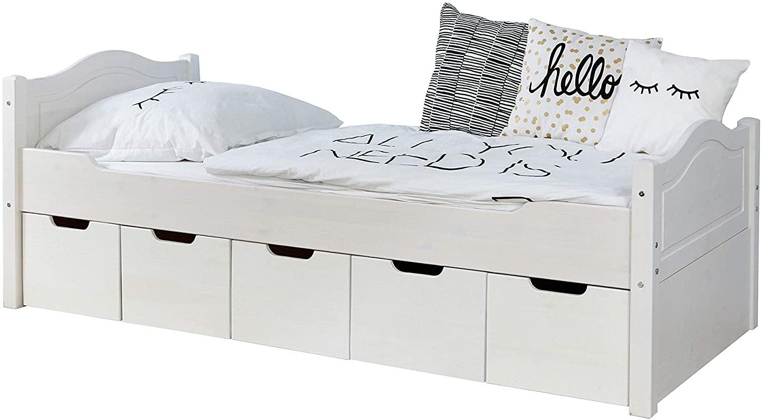 Ticaa Einzelbett 'Leni' 100x200 Kiefer massiv - mit 5er Schubkästen - weiß Bild 1