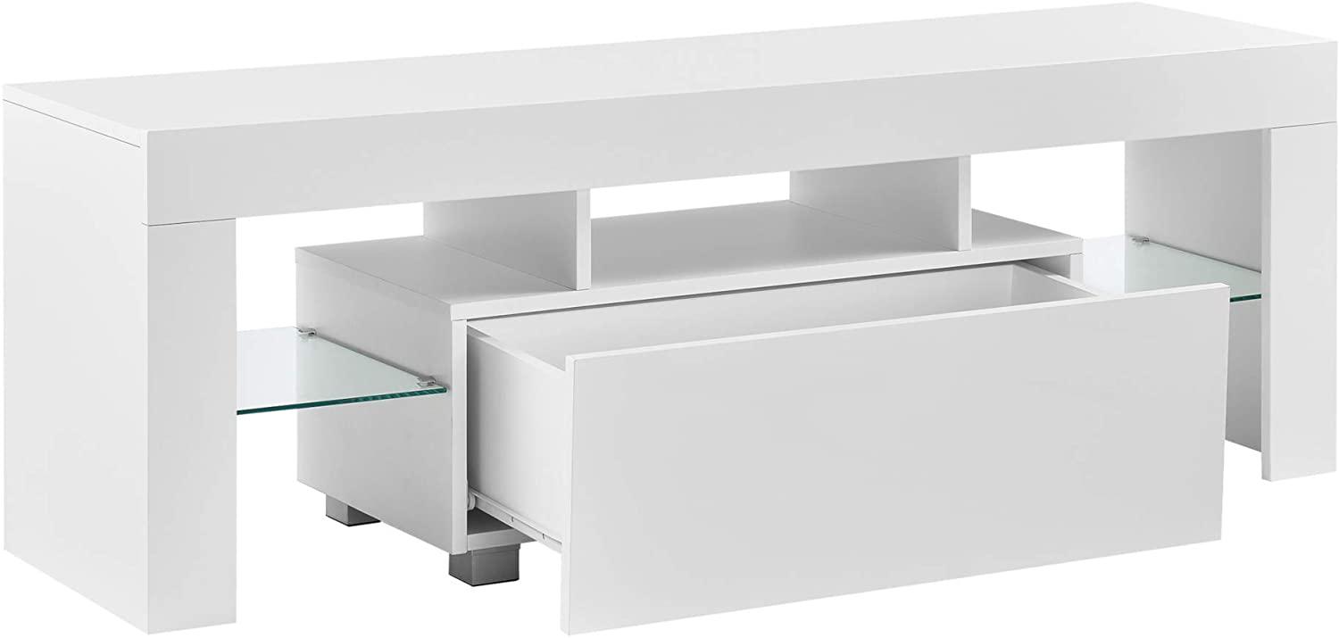 [en. casa] TV Lowboard mit Schublade, Glasablage, LED-Fernsehtisch Weiß, 130 x 35 x 45 cm Bild 1