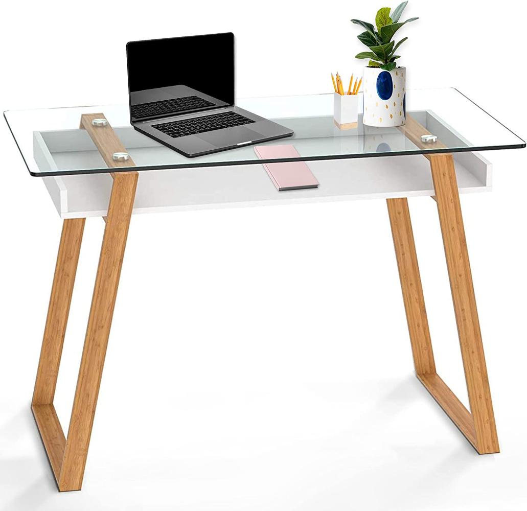 bonVIVO Schreibtisch Weiß mit Glasplatte u. Bambus-Gestell - Moderner Kleiner Tisch als Computertisch, Kinderschreibtisch, Arbeitstisch, Sekretär Schreibtisch, Schminktisch Bild 1