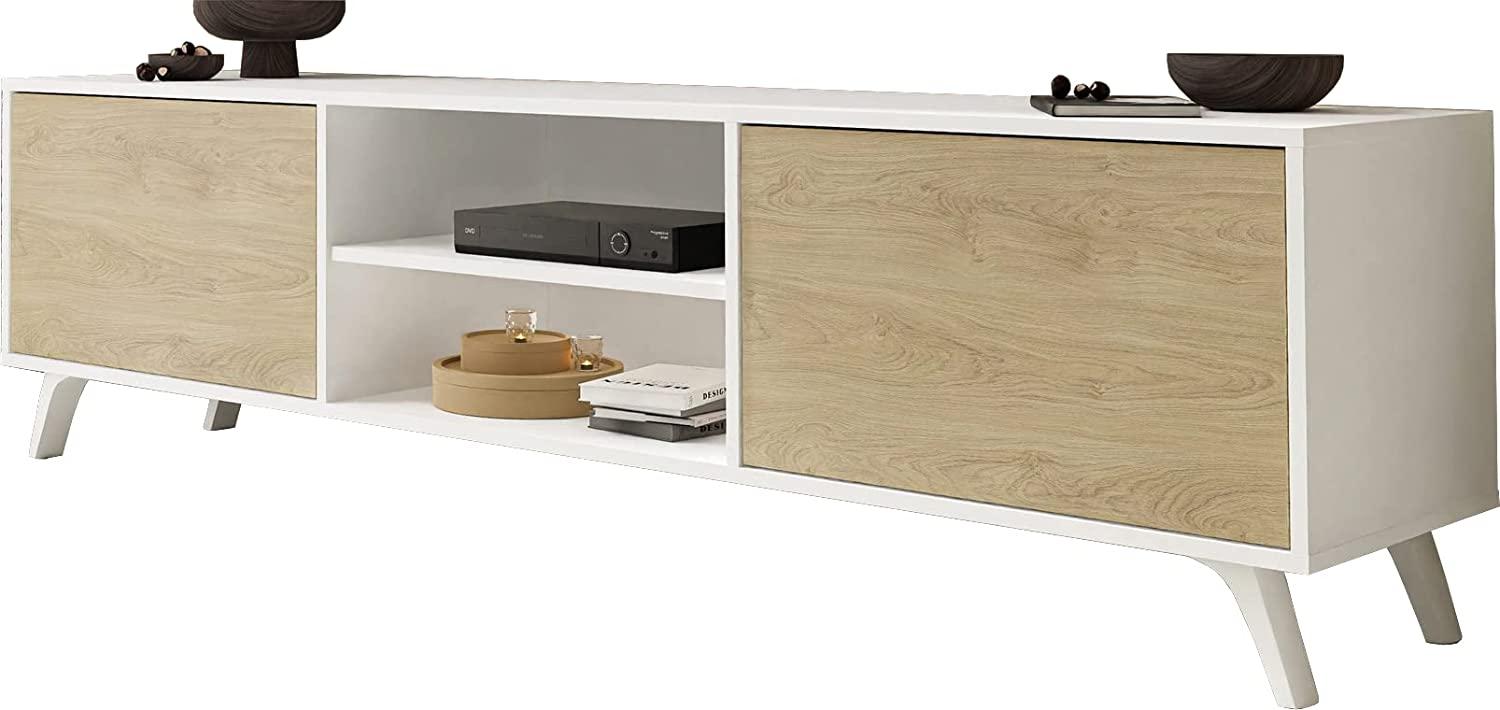 Domando Lowboard Sirolo Skandinavisch für Wohnzimmer Breite 180cm, Push-to-open-System, Holzfüße in Weiß Matt und Sonoma Eiche Bild 1