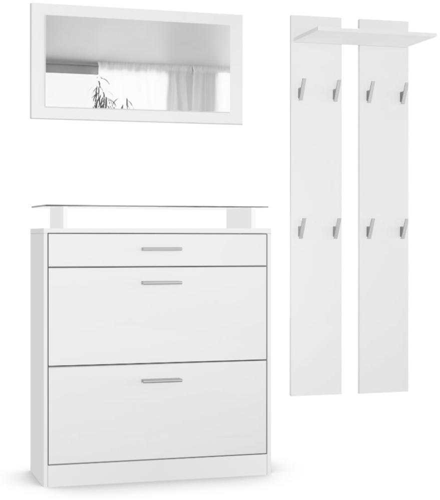 Vladon Garderobe Loret mini, Garderobenset bestehend aus 1 Schuhschrank, 1 Wandspiegel und 2 Garderobenpaneele, Weiß matt/Weiß matt Bild 1