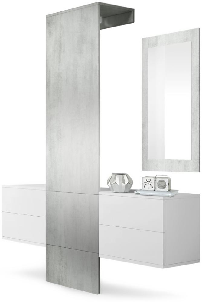 Garderobe Wandgarderobe Carlton Set 3, Korpus in Weiß matt / Paneel und Spiegel in Beton Oxid Optik Bild 1