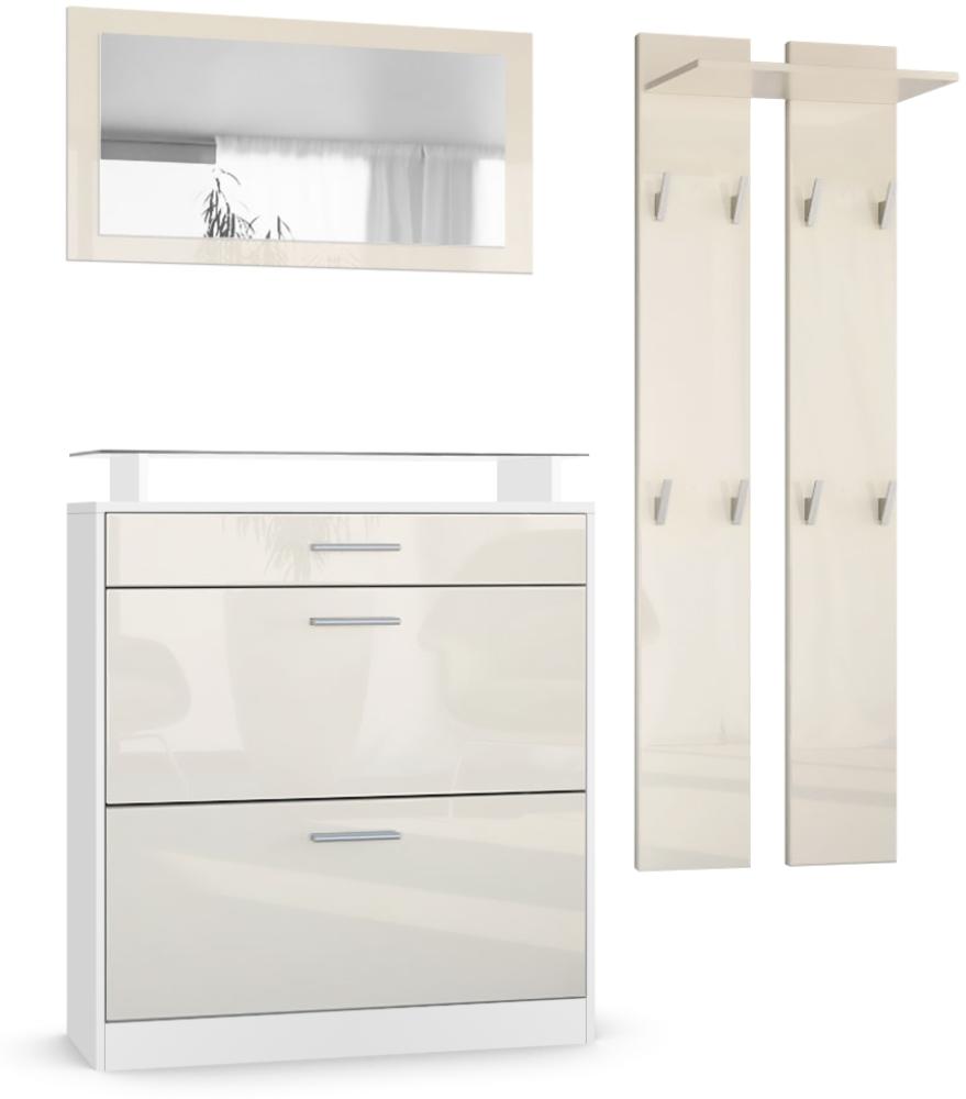 Vladon Garderobe Loret mini, Garderobenset bestehend aus 1 Schuhschrank, 1 Wandspiegel und 2 Garderobenpaneele, Schwarz matt/Creme Hochglanz Bild 1