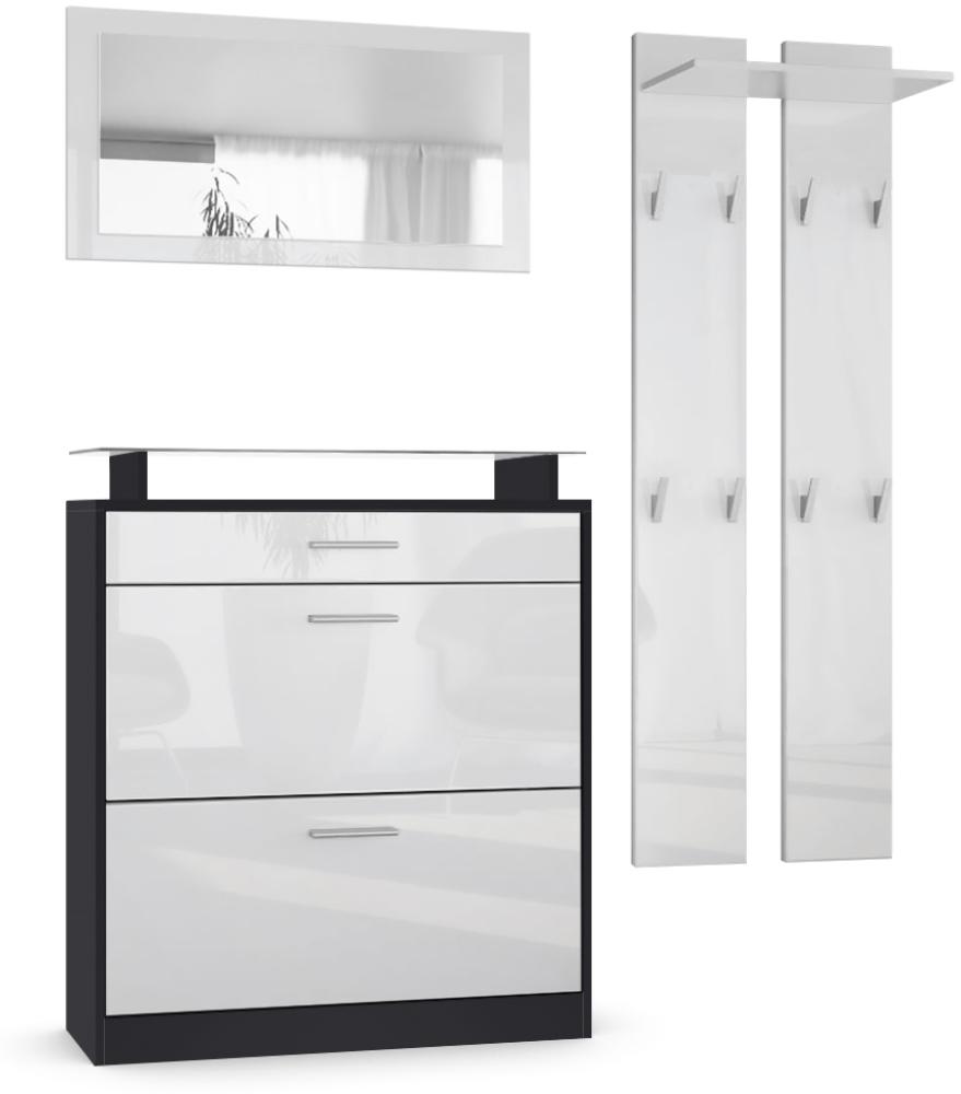 Vladon Garderobe Loret mini, Garderobenset bestehend aus 1 Schuhschrank, 1 Wandspiegel und 2 Garderobenpaneele, Schwarz matt/Weiß Hochglanz Bild 1