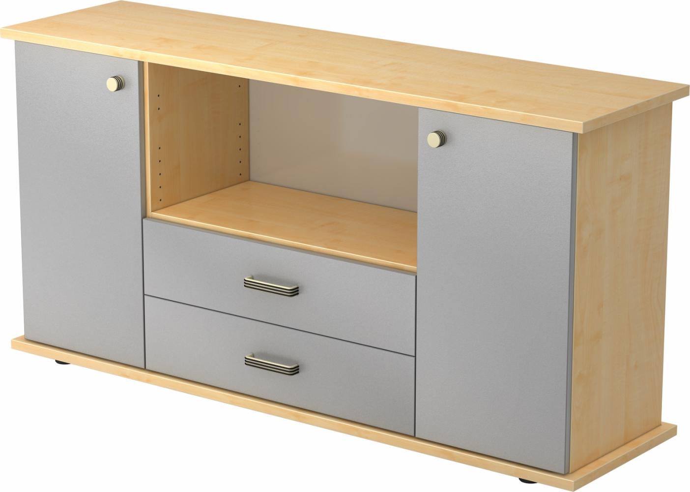 bümö® Sideboard mit Türen, Schubladen und Streifengriffen in Ahorn/Silber Bild 1
