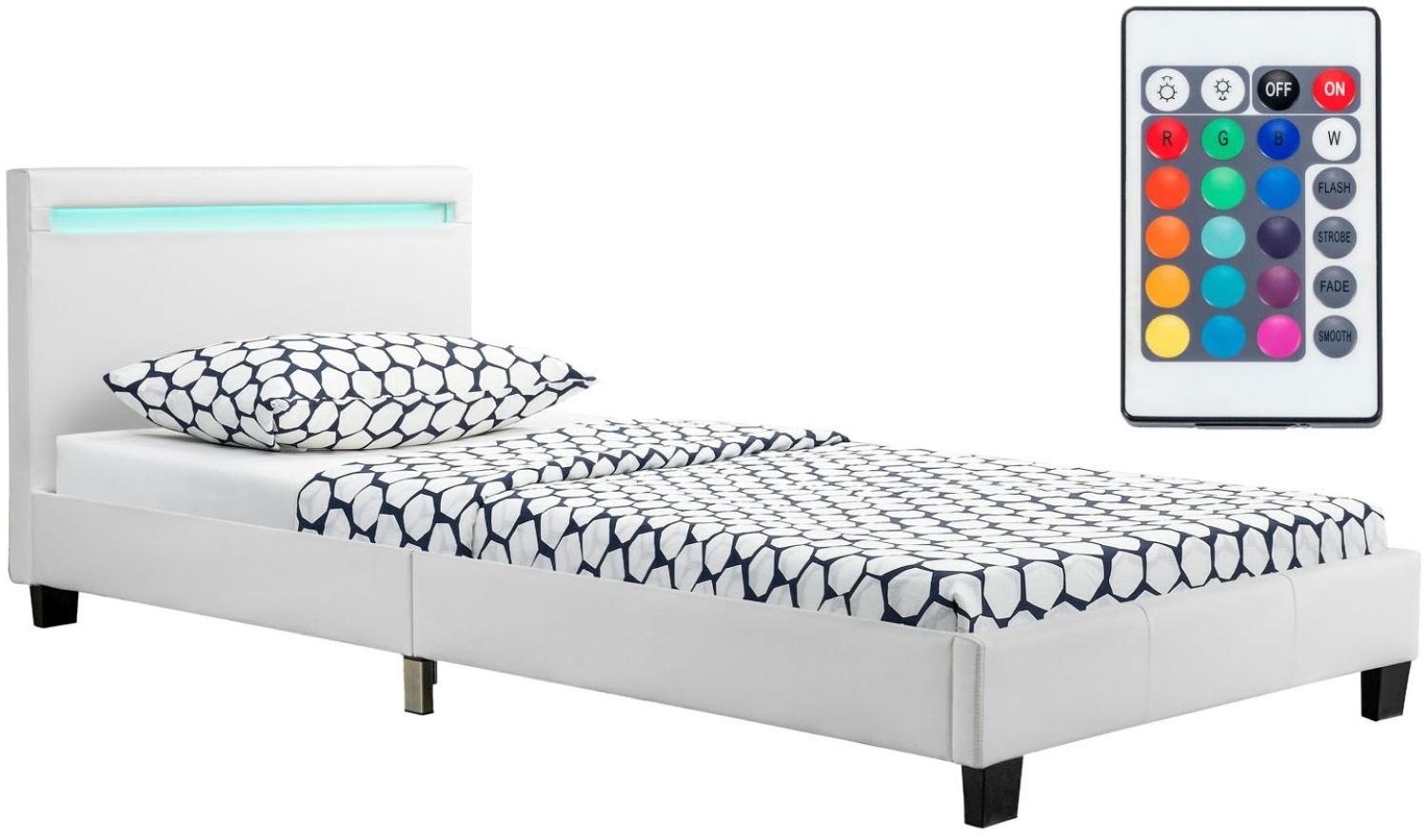 Juskys Polsterbett Verona 90 x 200 cm weiß – Bettgestell inkl. LED-Beleuchtung, Lattenrost & Kopfteil – Bett mit Holzgestell & Kunstleder-Bezug Bild 1