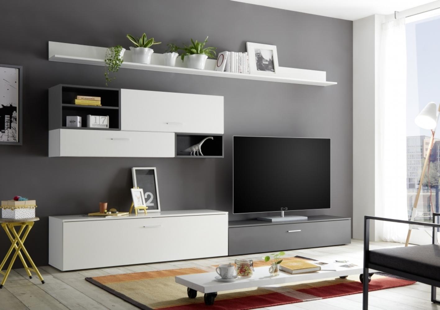 NEW VISION Weiß / Grau Wohnwand Anbauwand Wohnzimmerschrank TV Schrank ca. 300 cm Bild 1