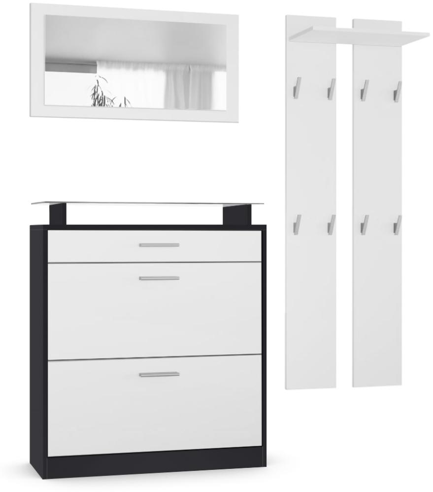 Vladon Garderobe Loret mini, Garderobenset bestehend aus 1 Schuhschrank, 1 Wandspiegel und 2 Garderobenpaneele, Schwarz matt/Weiß matt Bild 1