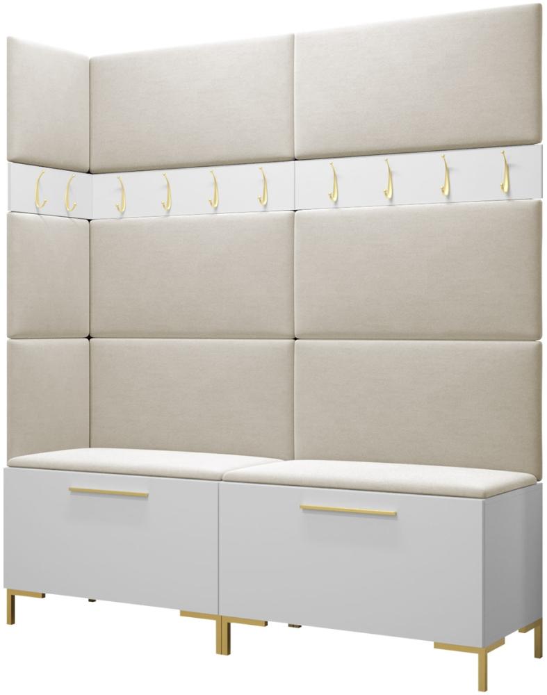 Garderoben-Set Zinetto V mit 8 Stück Gepolstertes Wandpaneel Pag 84x42 und 3 Stück 42x42 (Weiß + Gold, Manila 02) Bild 1