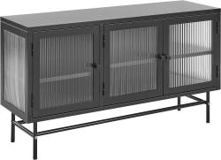 Sideboard Schwarz Stahl 35 x 115 x 64 cm mit 3 Durchsichtigen Glastüren 4 Regalböden 3 Griffen Industriell Flur Schlafzimmer Küche Wohnzimmer