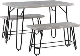 Essgruppe Grau MDF-Platte Marmor Optik Tisch mit 2 Bänken Metallgestell Industrie Look Esszimmer Wohnzimmer Möbel