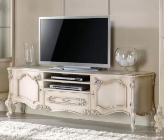Casa Padrino Luxus Barock TV Schrank Cremefarben / Silber - Handgefertigtes Massivholz Sideboard mit 2 Türen und Schublade - Barock Wohnzimmer Möbel - Luxus Qualität - Made in Italy