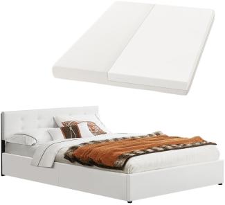 Juskys Polsterbett Marbella 140x200 cm mit Matratze, Bettkasten & Lattenrost – Bett aus Kunstleder und Holz, Jugendbett weiß