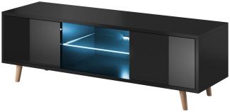 Domando Lowboard Terni M1 Modern für Wohnzimmer Breite 140cm, Holzfüße, Hochglanz, LED Beleuchtung in blau, Schwarz Matt und Schwarz Hochglanz