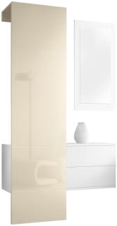 Vladon Garderobe Carlton Set 2, Garderobenset bestehend aus 1 Garderobenpaneel, 1 Schubkastenschrank und 1 Wandspiegel, Weiß matt/Creme Hochglanz (105 x 193 x 35 cm)