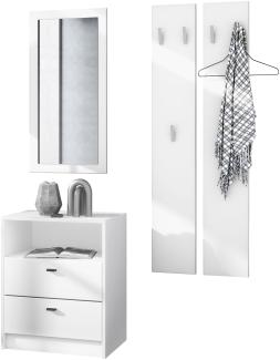Vladon Garderobe Pino V1, Garderobenset bestehend aus 1 Kommode, 1 Wandspiegel und 2 Garderobenpaneele, Weiß matt/Weiß matt (ca. 130 x 185 x 36 cm)