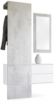 Vladon Garderobe Carlton Set 2, Garderobenset bestehend aus 1 Garderobenpaneel, 1 Schubkastenschrank und 1 Wandspiegel, Weiß matt/Beton Oxid-Optik (105 x 193 x 35 cm)