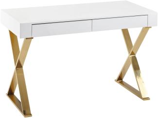 Wohnling Schreibtisch 118x76x57 cm Holz Hochglanz Weiß Metallbeine Golden | Design Computertisch PC-Tisch
