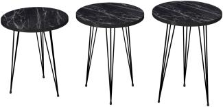 [en. casa] Beistelltisch-Set Ry Satztisch 3er Set Schwarze Marmor-Optik Abstelltisch mit runder Tischplatte Hairpinlegs aus Metall Wohnzimmertisch