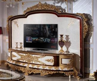 Casa Padrino Luxus Barock TV Schrank Weiß / Braun / Gold - Prunkvolles Wohnzimmer Sideboard mit Rückwand - Barock Wohnzimmer Möbel - Edel & Prunkvoll