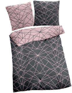 Dormisette Biber Bettwäsche 2tlg grau rosa 2294-93 | Bettwäsche-Set aus 100% Baumwolle | 2 teilige Wende-Bettwäsche 135x200cm & Kissen 80x80 cm | Geometrisches Muster Linien