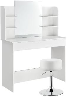 Schminktisch Bella – Kosmetiktisch 108 x 40 x 139,5 cm in Weiß – Frisiertisch aus Holz mit Spiegel, Schublade, 4 Ablagefächer & Hocker rund