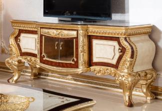 Casa Padrino Luxus Barock TV Schrank Weiß / Braun / Gold - Prunkvolles Massivholz Sideboard mit 4 Türen und Schublade - Barock Wohnzimmer Möbel