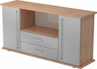 bümö® Sideboard mit Türen, Schubladen und Relinggriffen in Nussbaum/Silber